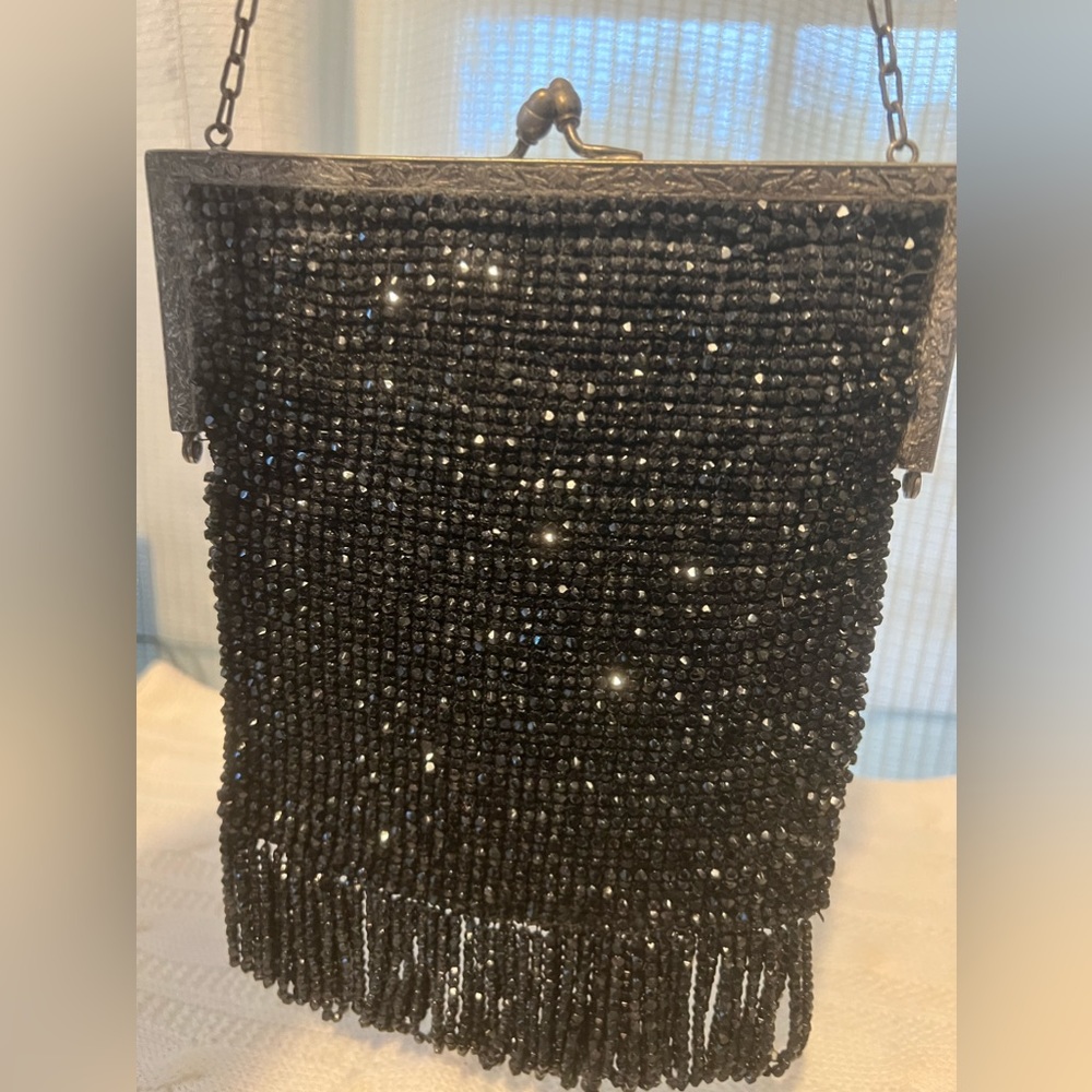 Large Antique Vintage Purse Black Beaded Fringe Art Deco Bag